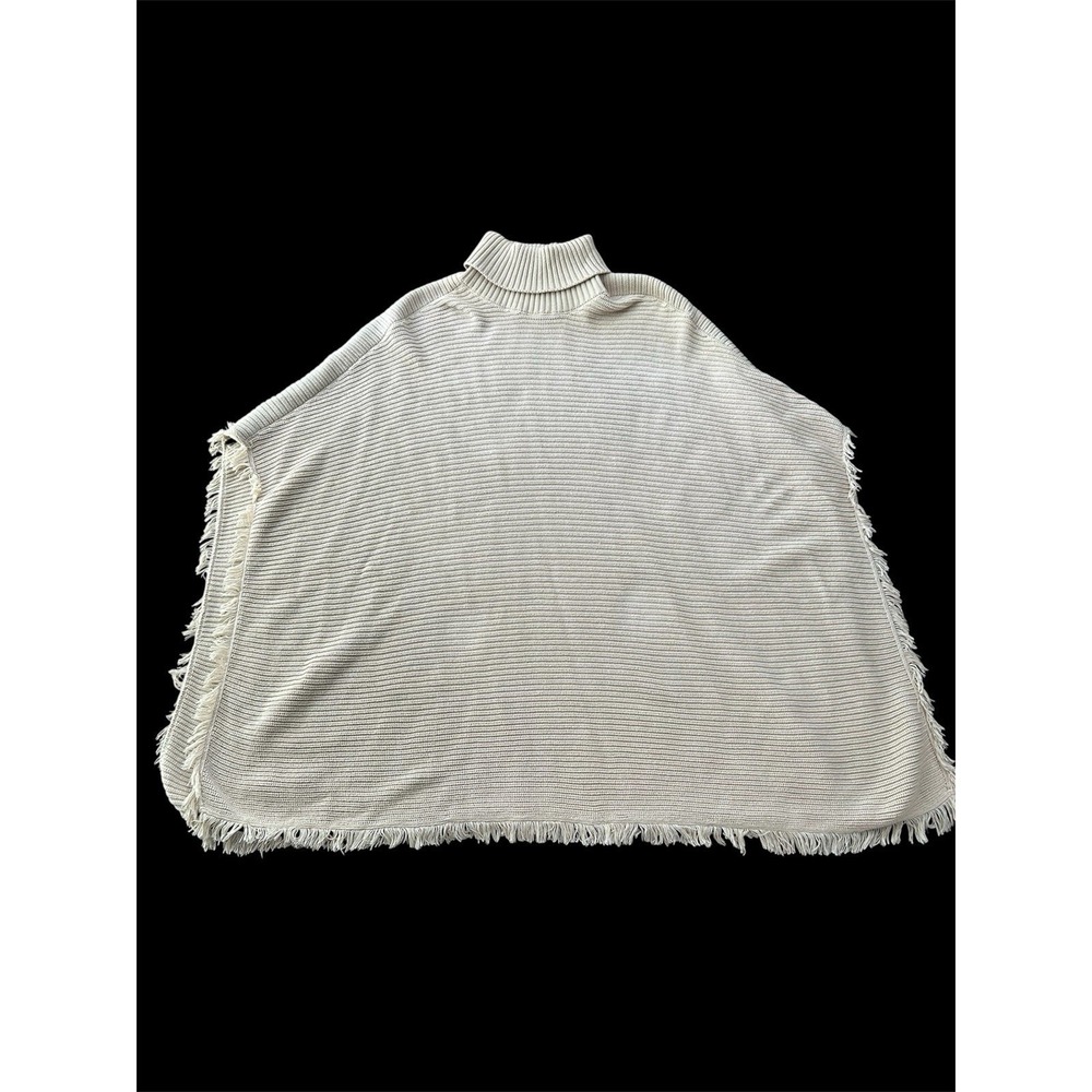 525 America Ivory Fringe Turtleneck Poncho Sweater M/L Cotton Knit Boho Chic - Picture 2 of 5